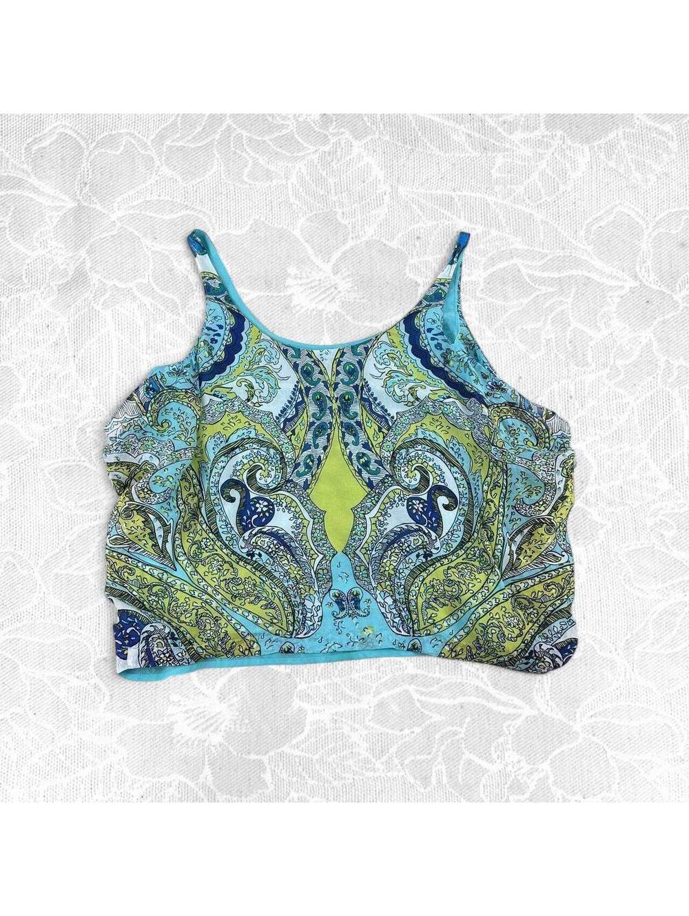 Guess by Marciano Y2K Turquoise and Green Paisley 2 Layer Silk Tank Top - Small